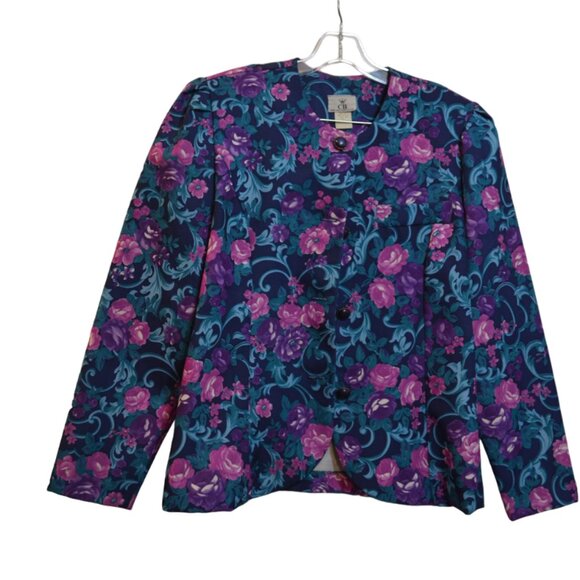 Retro NEW YORK - Made in U.S.A. Floral Prints Padded Shoulders Buttons Jacket 14 - Picture 1 of 8